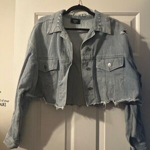 VICI Women's Cropped Distressed Jean Jacket